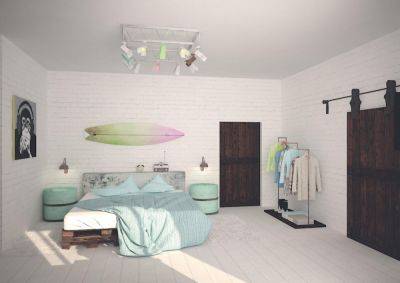 Квартира в стиле лофт с белыми кирпичными стенами, мебелью из палет и амбарными дверьми - roomble.com